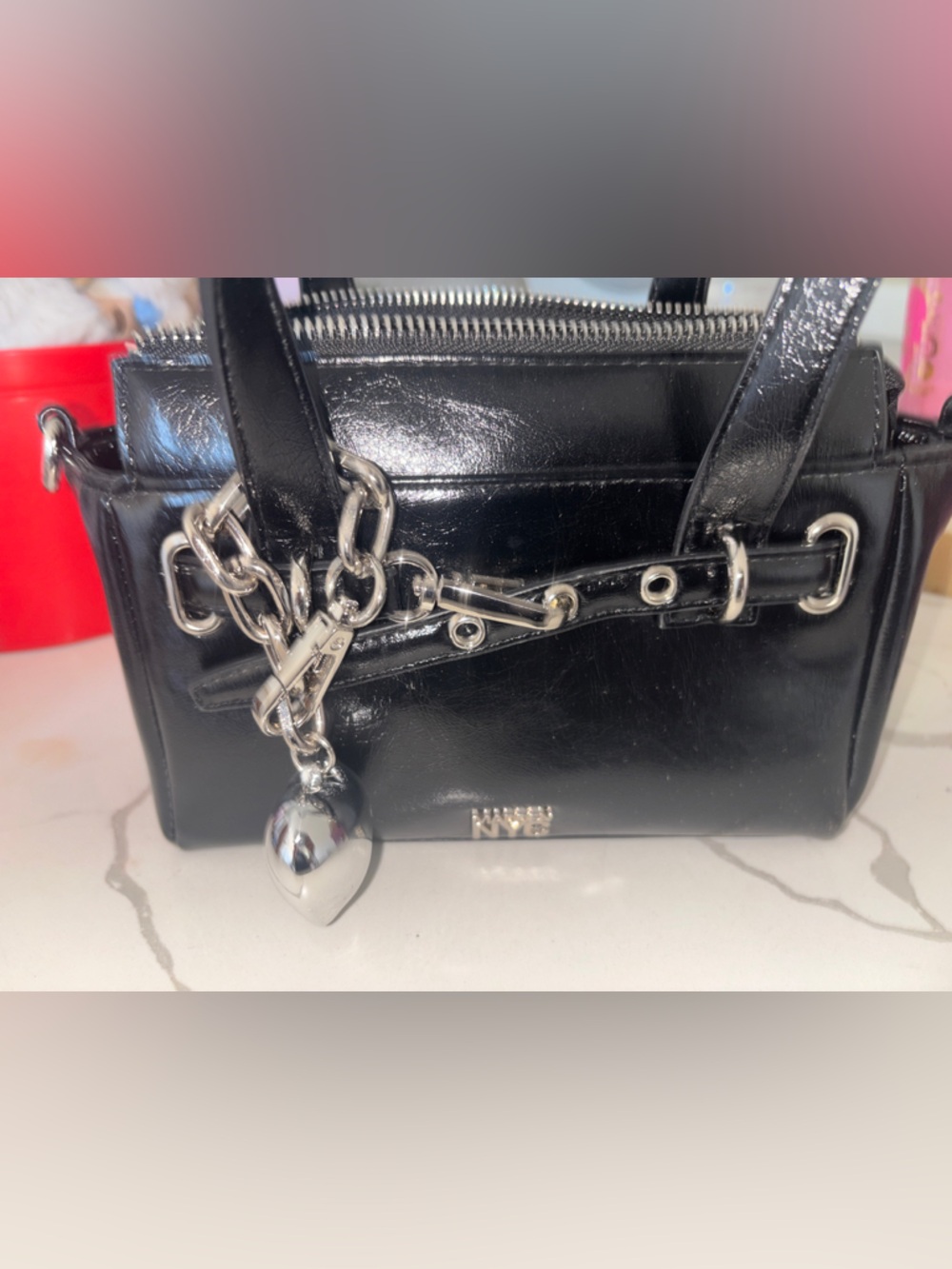 Black Patent Shoulder Bag with Silver Chain Charm